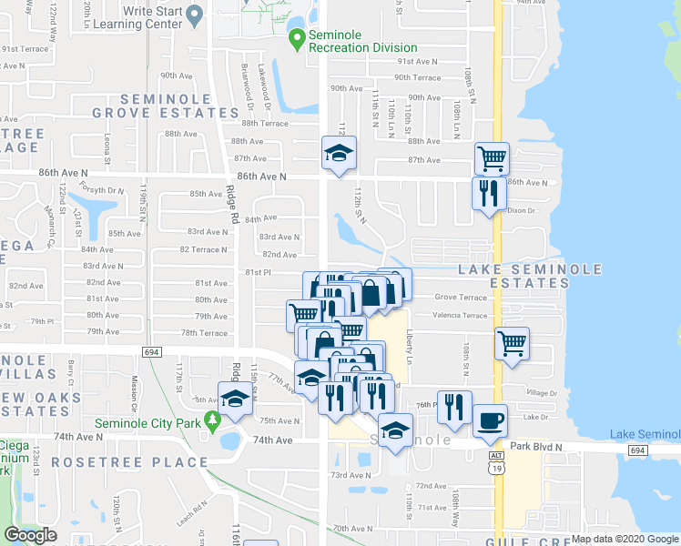 map of restaurants, bars, coffee shops, grocery stores, and more near 11201 80th Avenue in Seminole