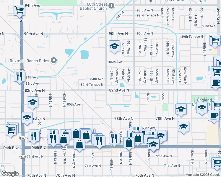 map of restaurants, bars, coffee shops, grocery stores, and more near 5971 82nd Avenue North in Pinellas Park