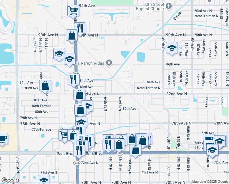map of restaurants, bars, coffee shops, grocery stores, and more near 6352 82nd Avenue North in Pinellas Park