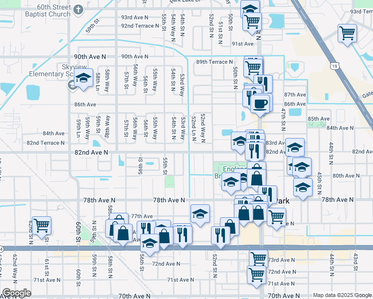 map of restaurants, bars, coffee shops, grocery stores, and more near 5301 82nd Avenue North in Pinellas Park