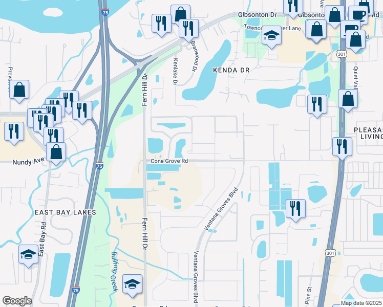 map of restaurants, bars, coffee shops, grocery stores, and more near 10302 Strawberry Tetra Drive in Riverview