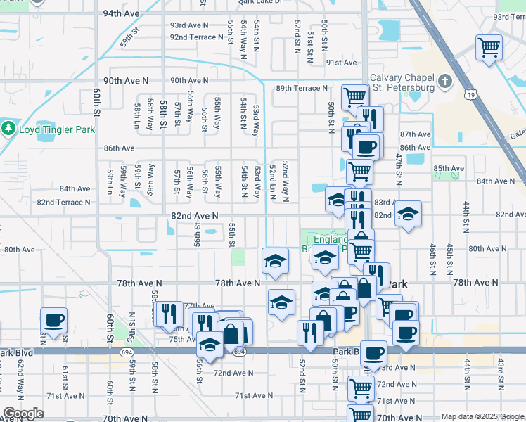 map of restaurants, bars, coffee shops, grocery stores, and more near 5301 82nd Avenue North in Pinellas Park