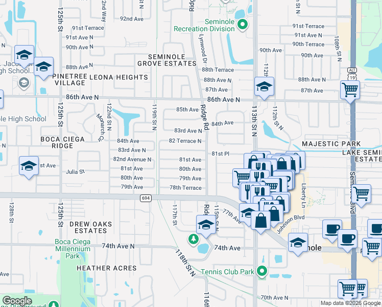 map of restaurants, bars, coffee shops, grocery stores, and more near 11670 81st Place in Seminole