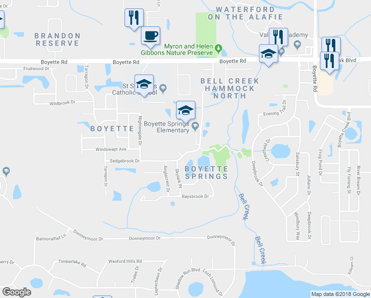map of restaurants, bars, coffee shops, grocery stores, and more near 10311 Sedgebrook Drive in Riverview