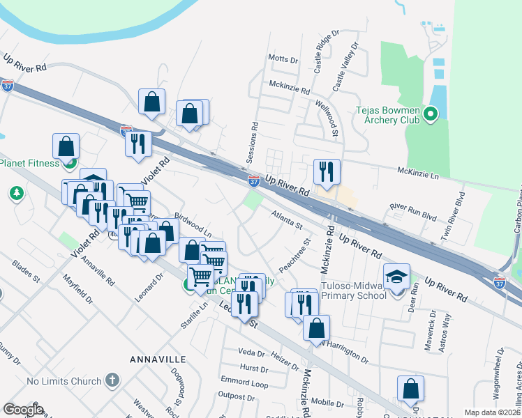 map of restaurants, bars, coffee shops, grocery stores, and more near 10830 Atlanta Street in Corpus Christi