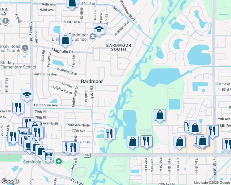 map of restaurants, bars, coffee shops, grocery stores, and more near 8084 82nd Avenue in Seminole
