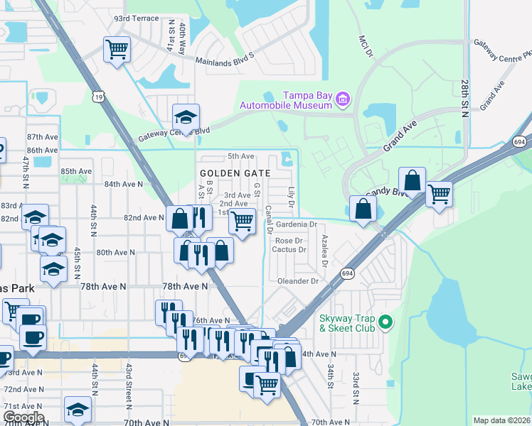map of restaurants, bars, coffee shops, grocery stores, and more near 34214 Canal Drive in Pinellas Park