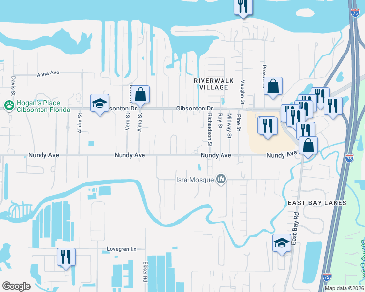 map of restaurants, bars, coffee shops, grocery stores, and more near 10411 Ratell Avenue in Gibsonton