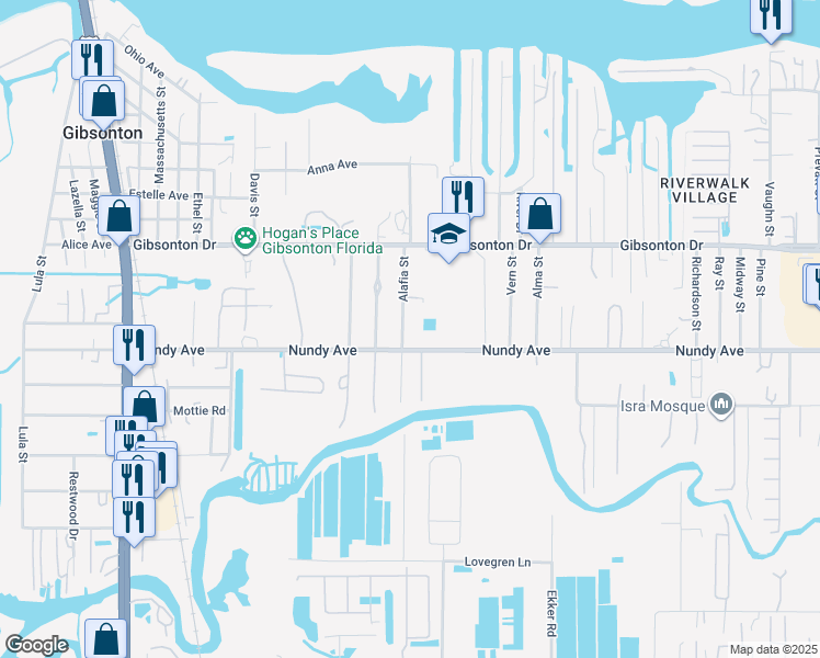 map of restaurants, bars, coffee shops, grocery stores, and more near 10409 Alafia Street in Gibsonton