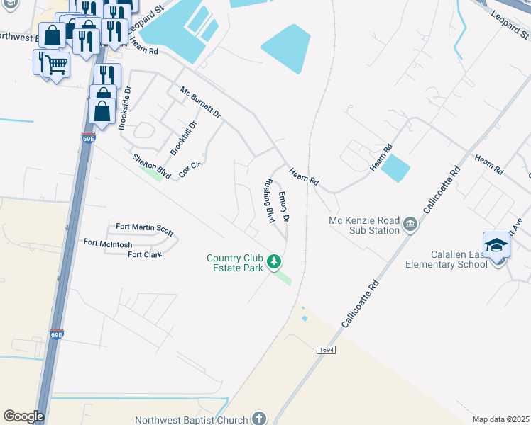 map of restaurants, bars, coffee shops, grocery stores, and more near 3601 Rushing Boulevard in Corpus Christi