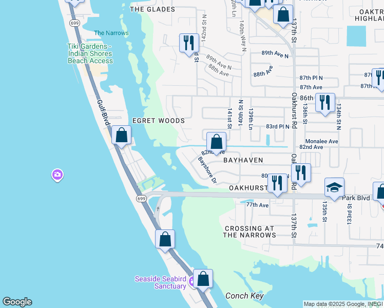 map of restaurants, bars, coffee shops, grocery stores, and more near 8134 Bayshore Drive in Seminole