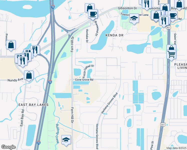 map of restaurants, bars, coffee shops, grocery stores, and more near 10125 Crested Fringe Drive in Riverview