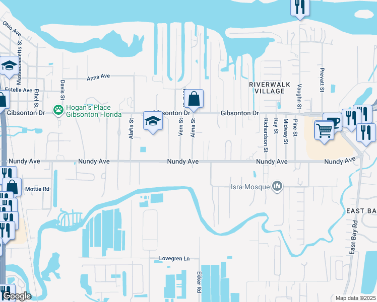 map of restaurants, bars, coffee shops, grocery stores, and more near 10406 Vern Street in Gibsonton