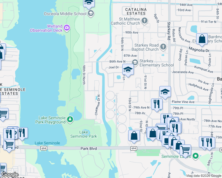 map of restaurants, bars, coffee shops, grocery stores, and more near 8284 Denise Drive in Seminole