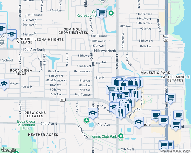 map of restaurants, bars, coffee shops, grocery stores, and more near 8234 Ridgewood Circle in Seminole