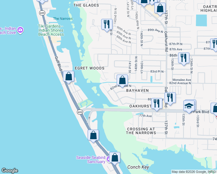 map of restaurants, bars, coffee shops, grocery stores, and more near 8134 Bayshore Drive in Seminole