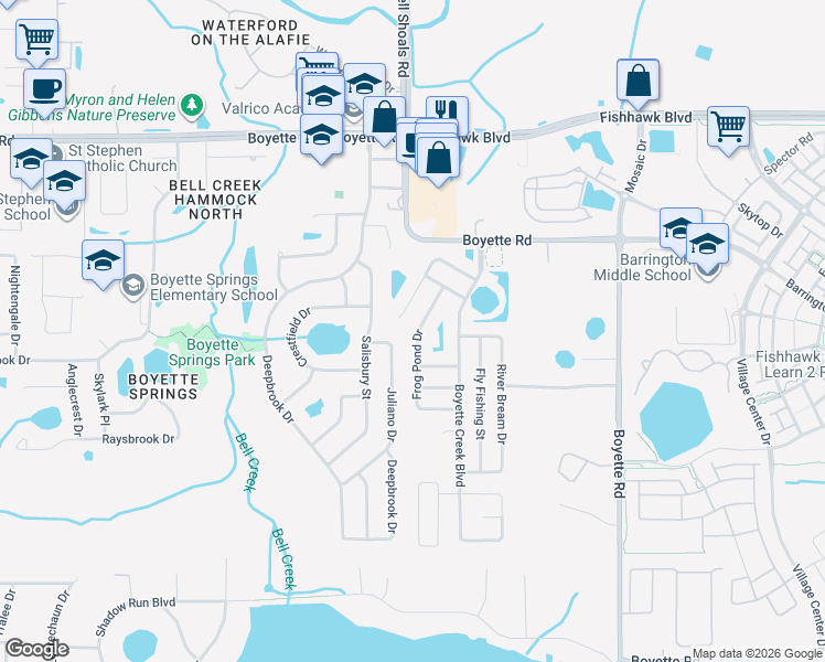 map of restaurants, bars, coffee shops, grocery stores, and more near 10325 Frog Pond Drive in Riverview