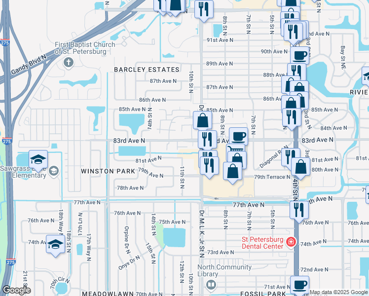 map of restaurants, bars, coffee shops, grocery stores, and more near 1013 83rd Avenue North in St. Petersburg