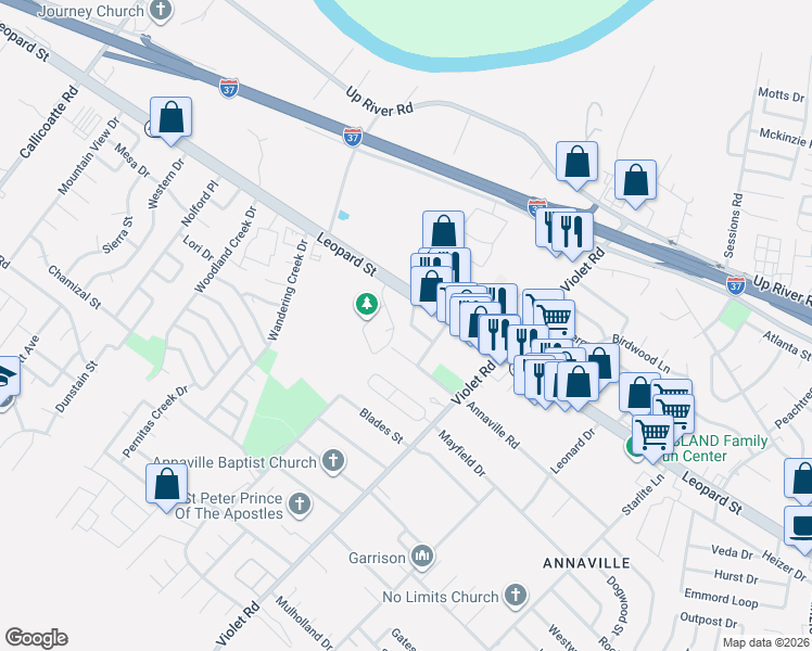map of restaurants, bars, coffee shops, grocery stores, and more near 11401 Leopard Street in Corpus Christi