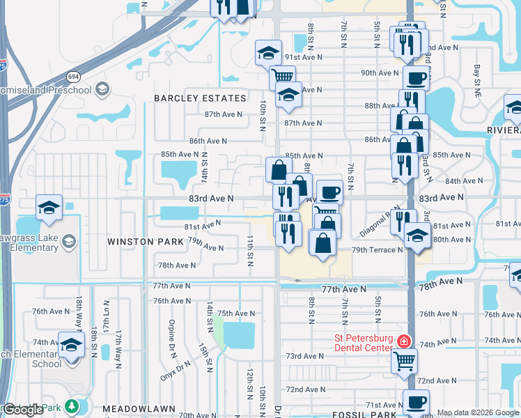 map of restaurants, bars, coffee shops, grocery stores, and more near 1013 83rd Avenue North in St. Petersburg