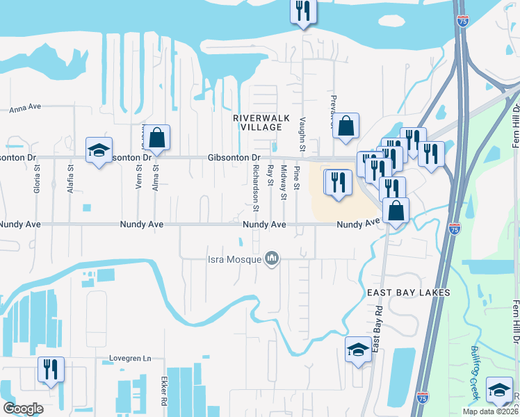 map of restaurants, bars, coffee shops, grocery stores, and more near 10414 Richardson Street in Gibsonton