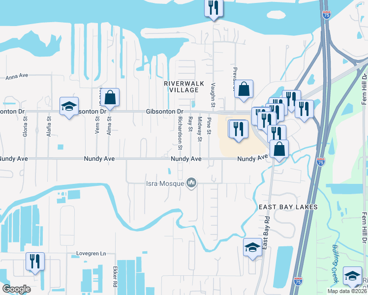 map of restaurants, bars, coffee shops, grocery stores, and more near 10414 Richardson Street in Gibsonton
