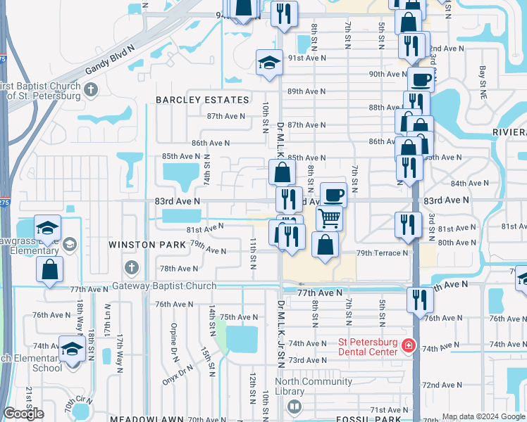 map of restaurants, bars, coffee shops, grocery stores, and more near 1044 82nd Terrace North in St. Petersburg