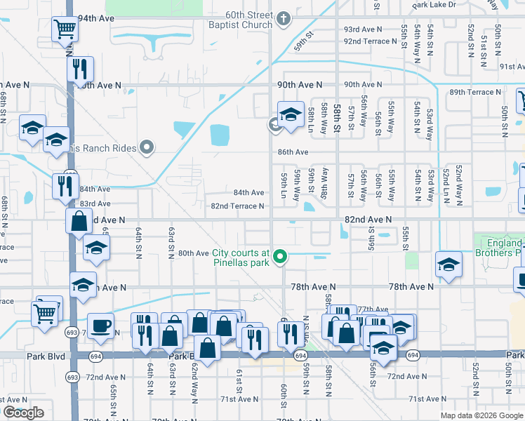 map of restaurants, bars, coffee shops, grocery stores, and more near 6041 82nd Terrace North in Pinellas Park