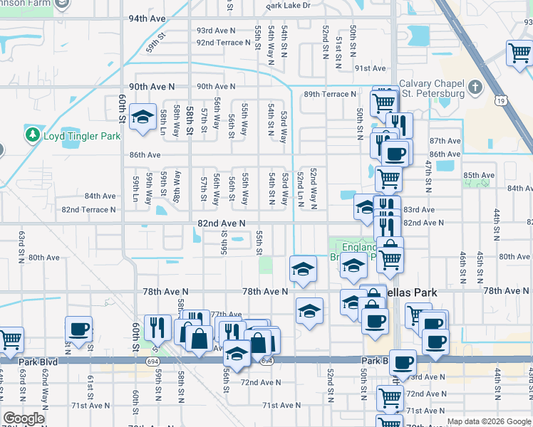 map of restaurants, bars, coffee shops, grocery stores, and more near 5460 82nd Terrace North in Pinellas Park