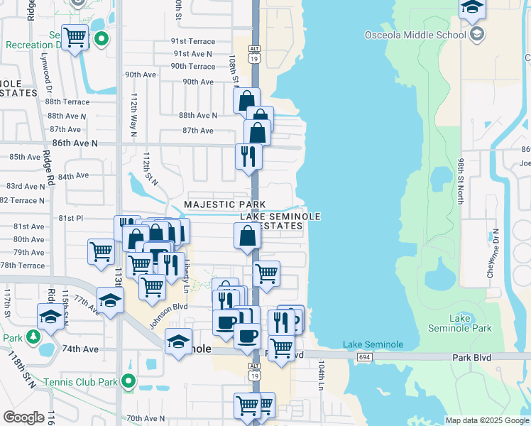 map of restaurants, bars, coffee shops, grocery stores, and more near 515 Skipper Drive in Seminole