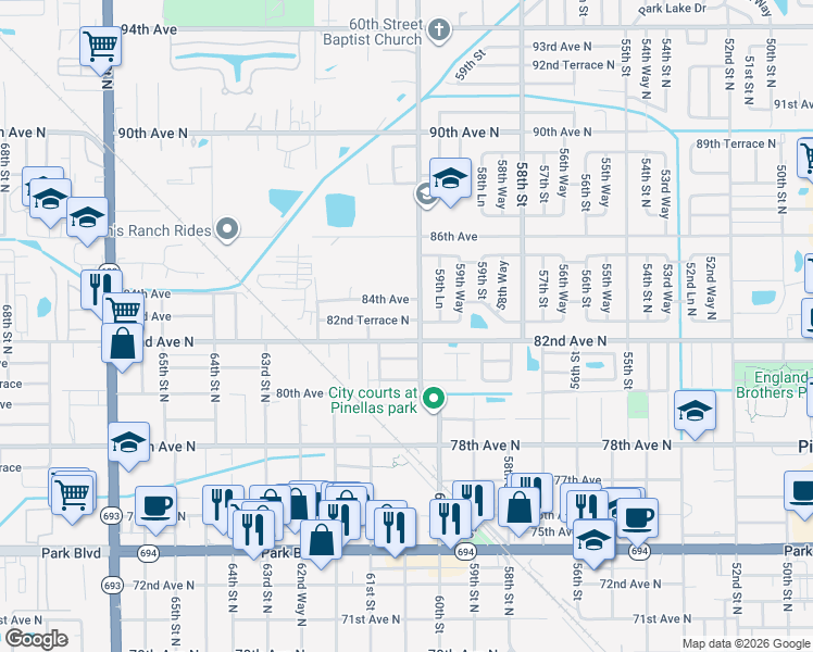 map of restaurants, bars, coffee shops, grocery stores, and more near 6041 82nd Terrace North in Pinellas Park