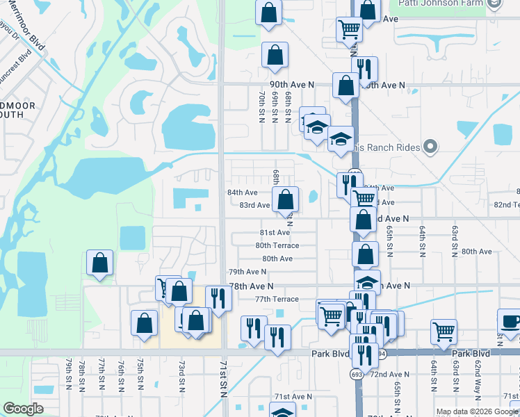 map of restaurants, bars, coffee shops, grocery stores, and more near 6851 83rd Avenue in Pinellas Park