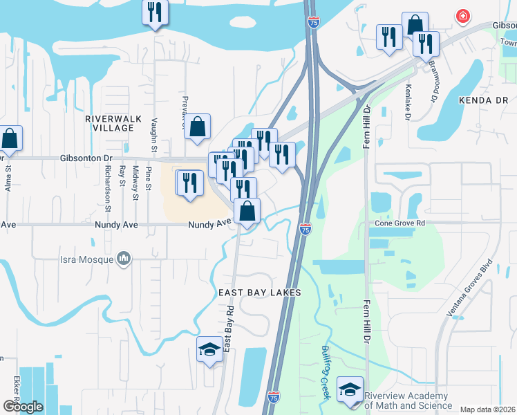 map of restaurants, bars, coffee shops, grocery stores, and more near 10626 East Bay Road in Gibsonton