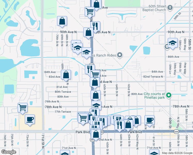 map of restaurants, bars, coffee shops, grocery stores, and more near 6551 83rd Avenue in Pinellas Park