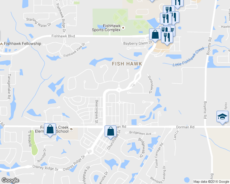 map of restaurants, bars, coffee shops, grocery stores, and more near 5906 Fishhawk Crossing Boulevard in Lithia