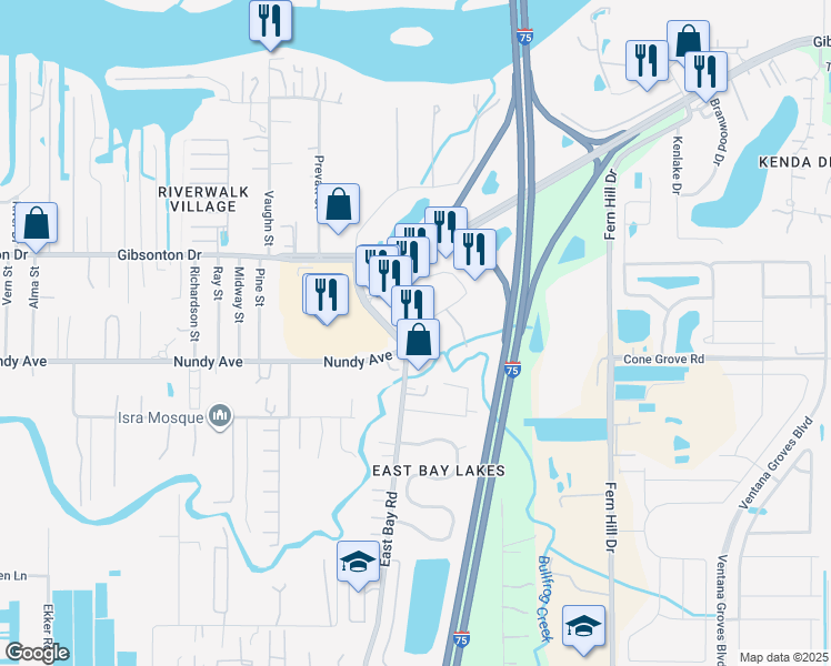 map of restaurants, bars, coffee shops, grocery stores, and more near 10670 New East Bay Road in Gibsonton