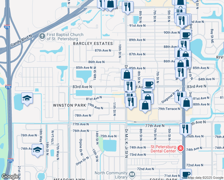 map of restaurants, bars, coffee shops, grocery stores, and more near 1013 83rd Avenue North in St. Petersburg