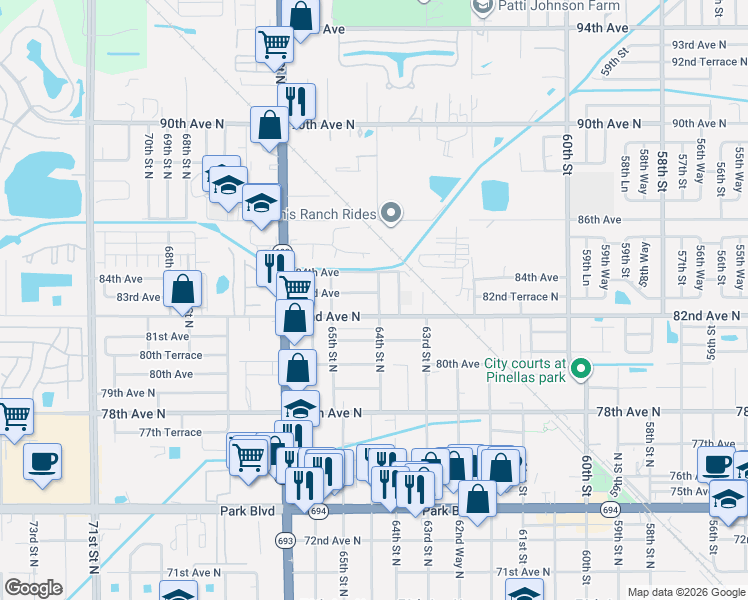 map of restaurants, bars, coffee shops, grocery stores, and more near 6435 83rd Avenue in Pinellas Park