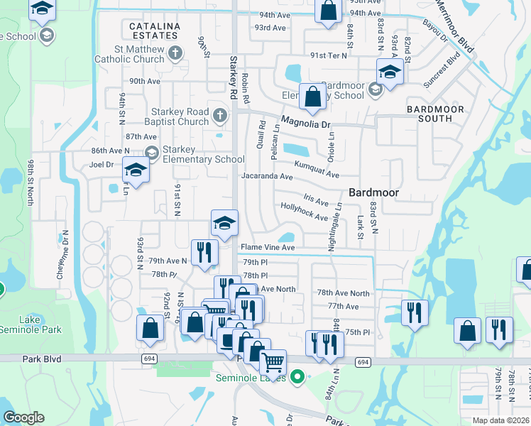 map of restaurants, bars, coffee shops, grocery stores, and more near 8260 Quail Road in Seminole