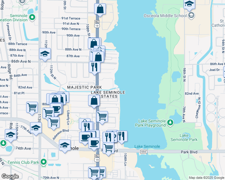 map of restaurants, bars, coffee shops, grocery stores, and more near 632 Lakeside Drive in Seminole