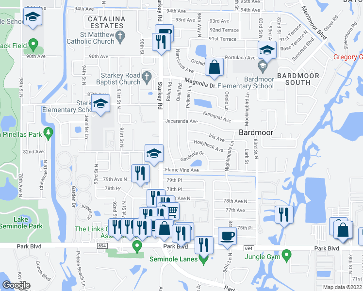 map of restaurants, bars, coffee shops, grocery stores, and more near 8260 Quail Road in Seminole
