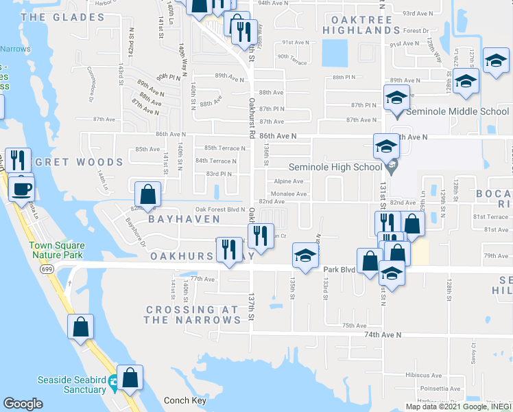 map of restaurants, bars, coffee shops, grocery stores, and more near 8218 Oakhurst Road in Seminole