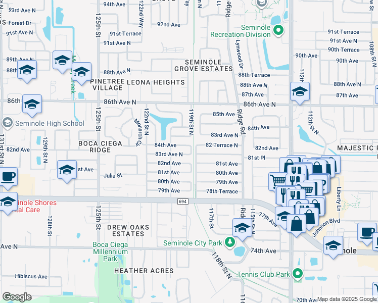 map of restaurants, bars, coffee shops, grocery stores, and more near 11925 83rd Avenue North in Seminole