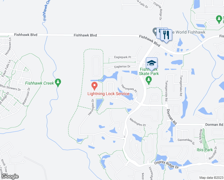 map of restaurants, bars, coffee shops, grocery stores, and more near 5843 Heronrise Crescent Drive in Lithia