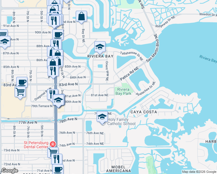 map of restaurants, bars, coffee shops, grocery stores, and more near 400 83rd Avenue Northeast in St. Petersburg