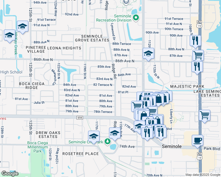 map of restaurants, bars, coffee shops, grocery stores, and more near 11628 82 Terrace North in Seminole