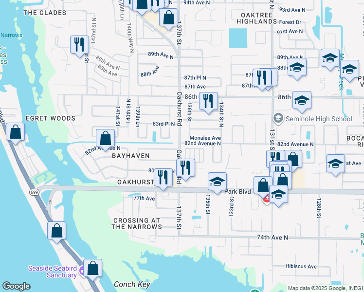 map of restaurants, bars, coffee shops, grocery stores, and more near 8218 Oakhurst Road in Seminole