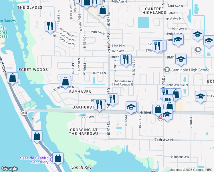 map of restaurants, bars, coffee shops, grocery stores, and more near 13703 Oak Forest Boulevard North in Seminole