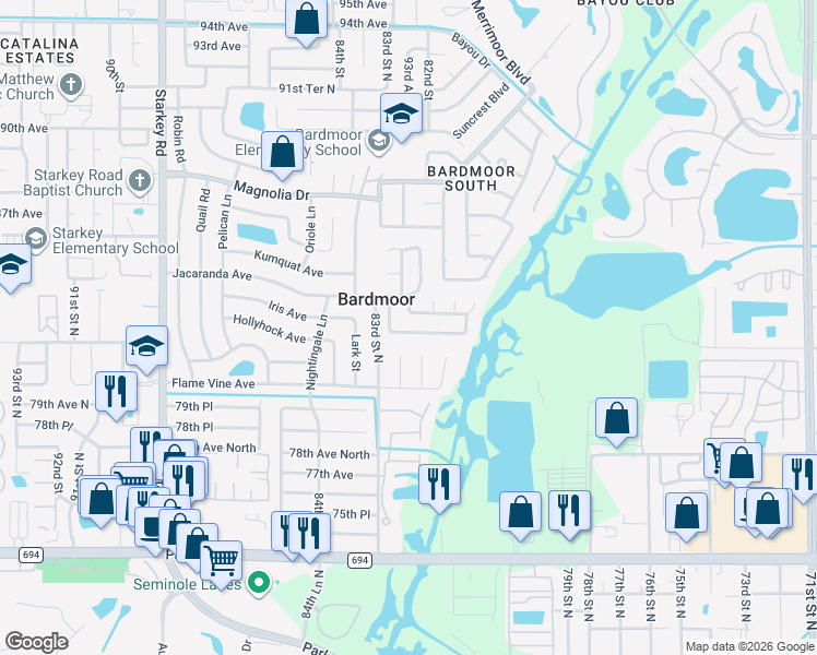 map of restaurants, bars, coffee shops, grocery stores, and more near 8178 83rd Avenue in Seminole