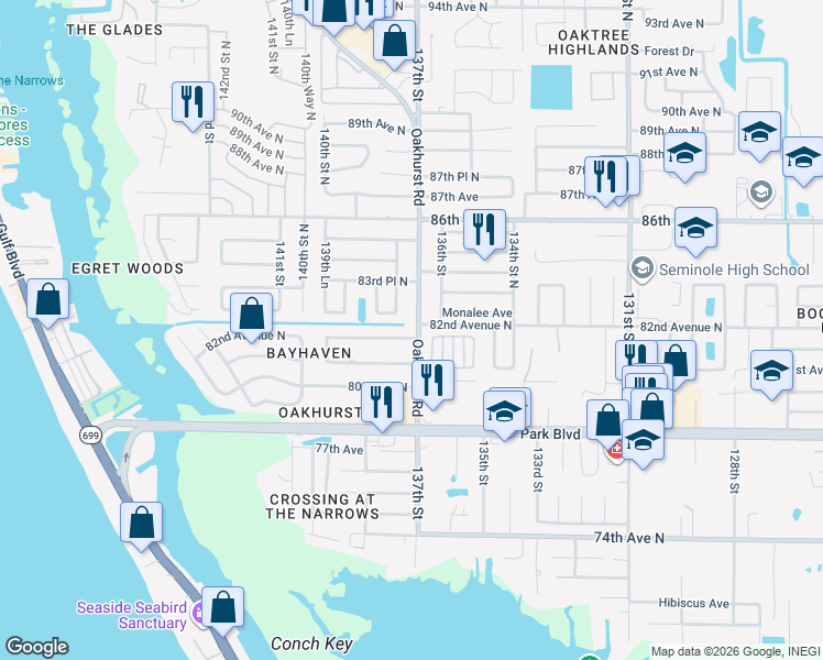 map of restaurants, bars, coffee shops, grocery stores, and more near 13703 Oak Forest Boulevard North in Seminole